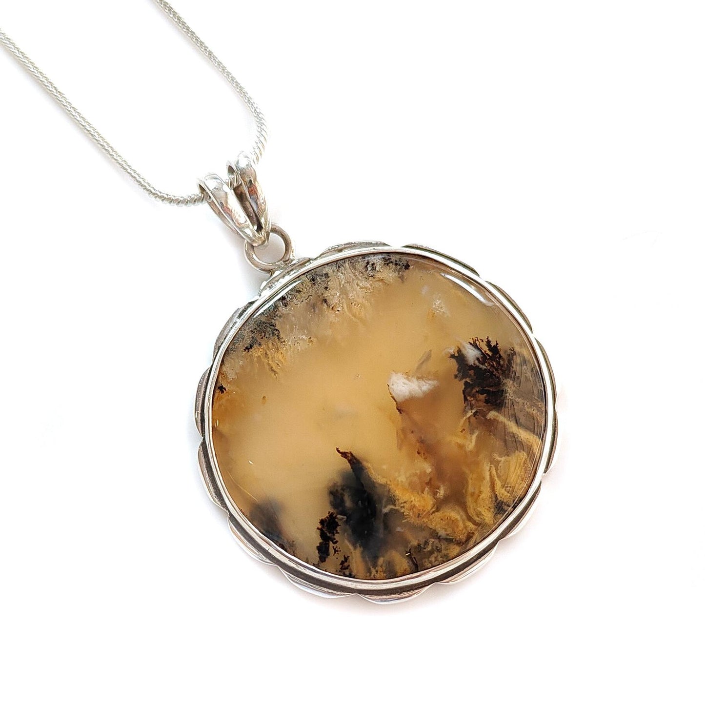Tiger Dendrite Agate Plain Silver Pendant:14.66gms Natural Untreated Bi-Color Agate Round 925 Sterling Silver Bezel Set Pendant 2.00"