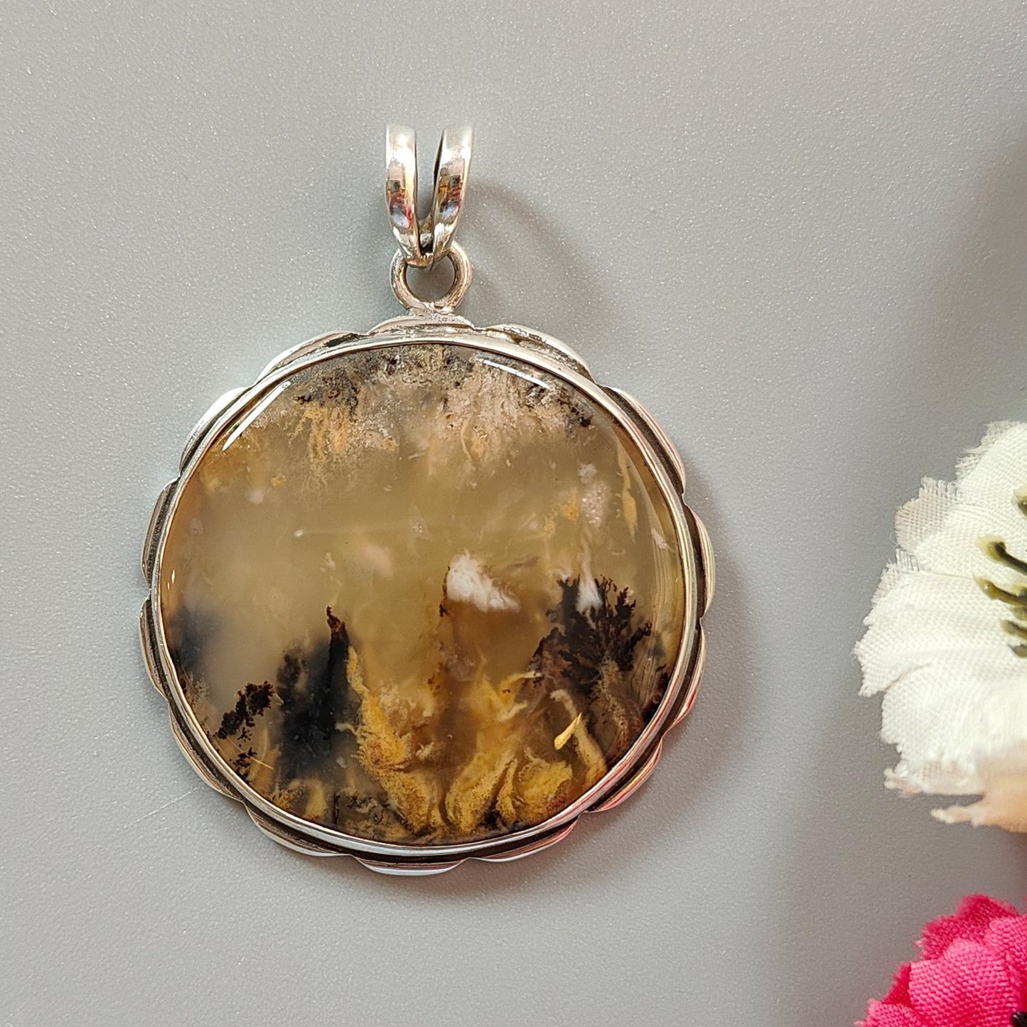Tiger Dendrite Agate Plain Silver Pendant:14.66gms Natural Untreated Bi-Color Agate Round 925 Sterling Silver Bezel Set Pendant 2.00"