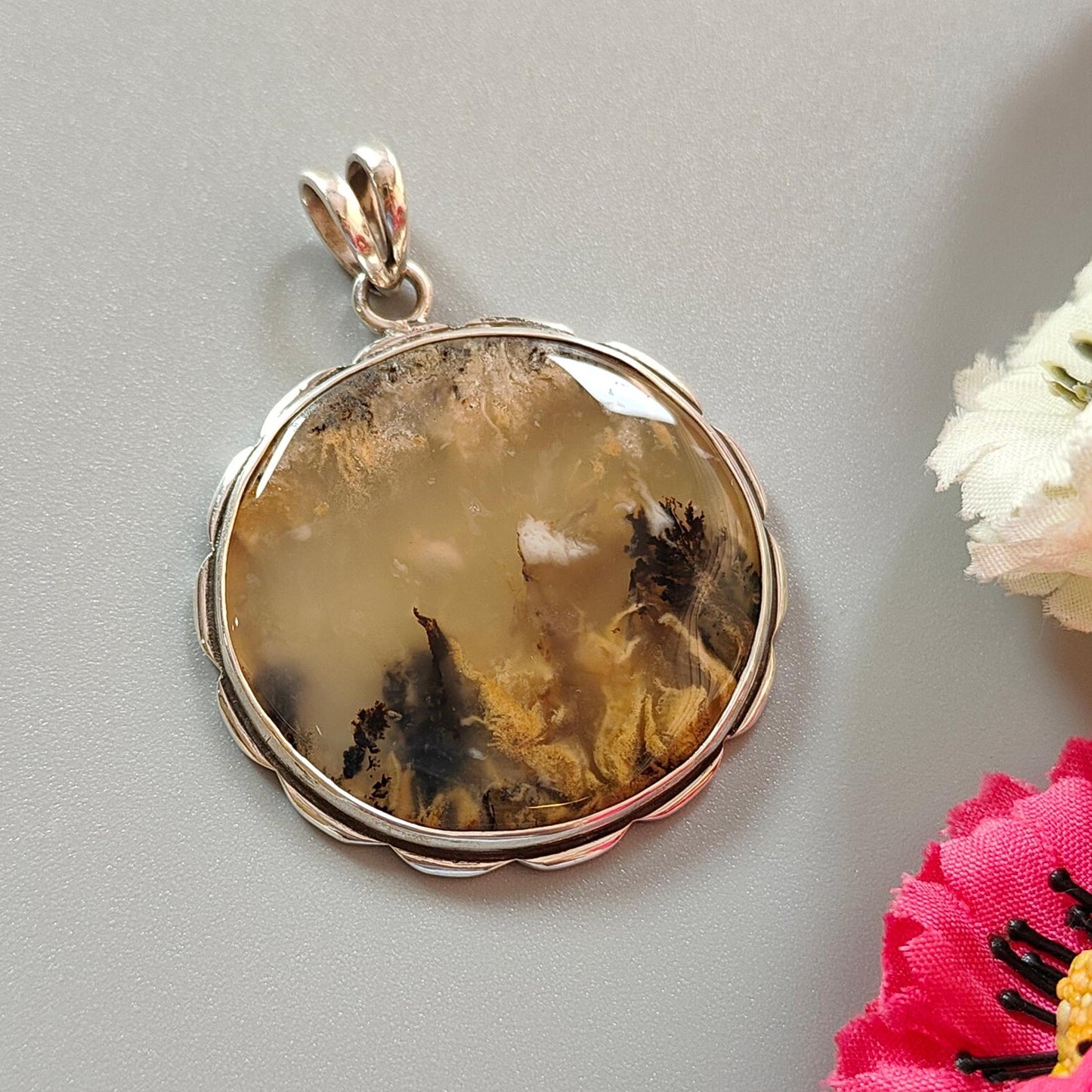 Tiger Dendrite Agate Plain Silver Pendant:14.66gms Natural Untreated Bi-Color Agate Round 925 Sterling Silver Bezel Set Pendant 2.00"