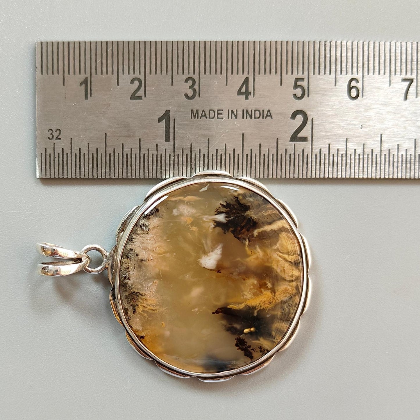 Tiger Dendrite Agate Plain Silver Pendant:14.66gms Natural Untreated Bi-Color Agate Round 925 Sterling Silver Bezel Set Pendant 2.00"