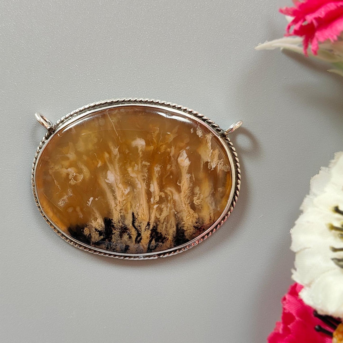 Tiger Dendrite Agate Plain Silver Pendant:15.42gms Natural Untreated Bi-Color Agate Oval 925 Sterling Silver Bezel Set Pendant 2.00"