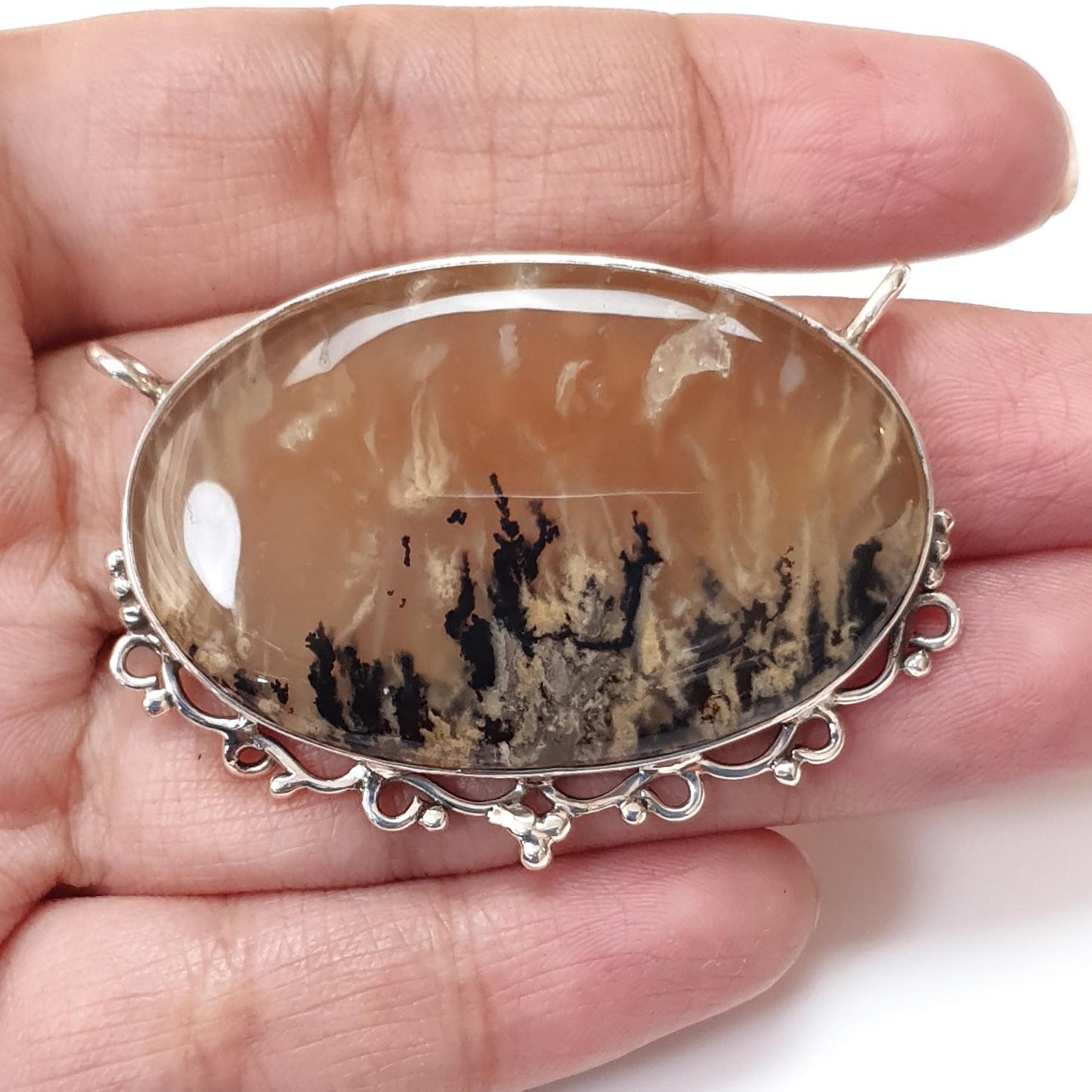 Tiger Dendrite Agate Plain Silver Pendant:15.57gms Natural Untreated Bi-Color Agate Oval 925 Sterling Silver Bezel Set Pendant 2.00"