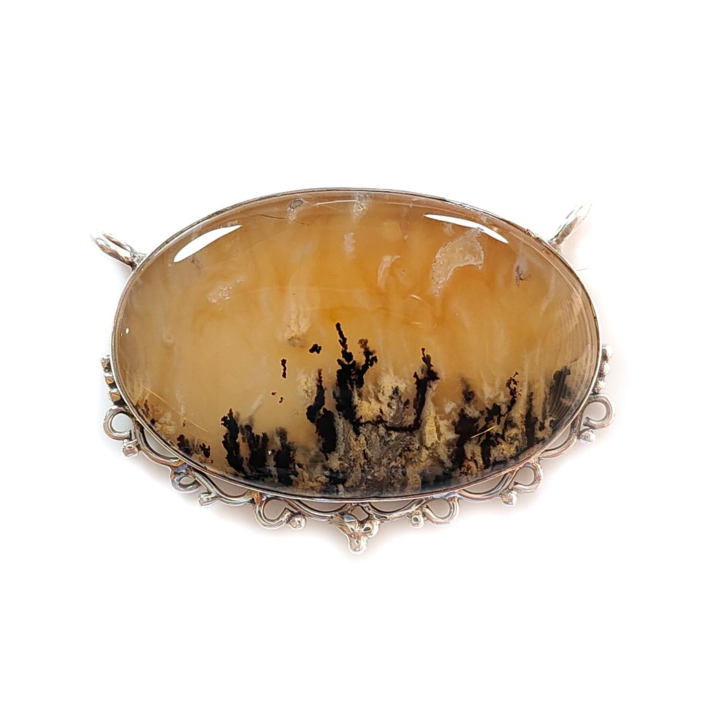 Tiger Dendrite Agate Plain Silver Pendant:15.57gms Natural Untreated Bi-Color Agate Oval 925 Sterling Silver Bezel Set Pendant 2.00"