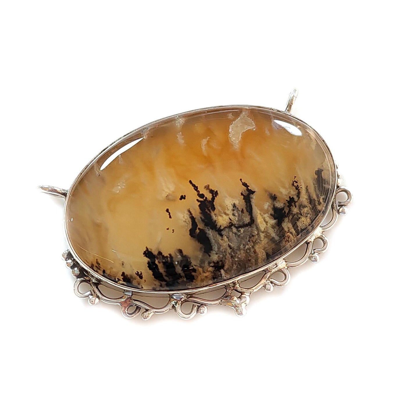 Tiger Dendrite Agate Plain Silver Pendant:15.57gms Natural Untreated Bi-Color Agate Oval 925 Sterling Silver Bezel Set Pendant 2.00"