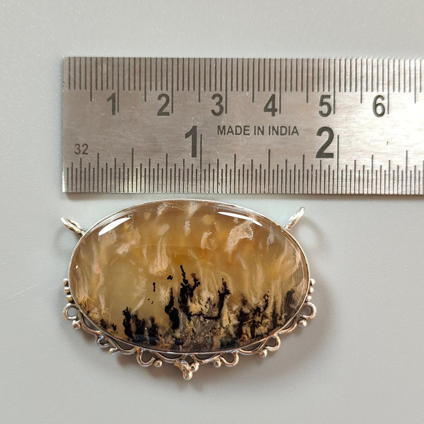 Tiger Dendrite Agate Plain Silver Pendant:15.57gms Natural Untreated Bi-Color Agate Oval 925 Sterling Silver Bezel Set Pendant 2.00"
