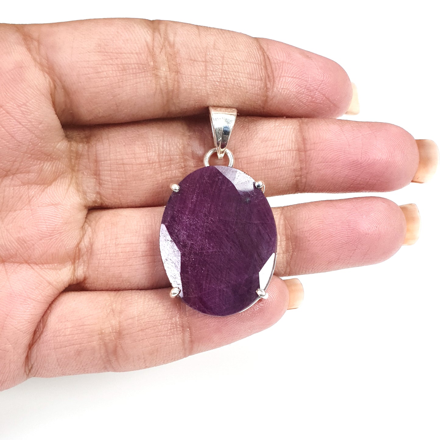 Red Ruby Silver Faceted Cut Pendant: 9.11gms Natural Untreated Ruby Oval Shape Faceted 925 Sterling Silver Prong Set Pendant 1.5"