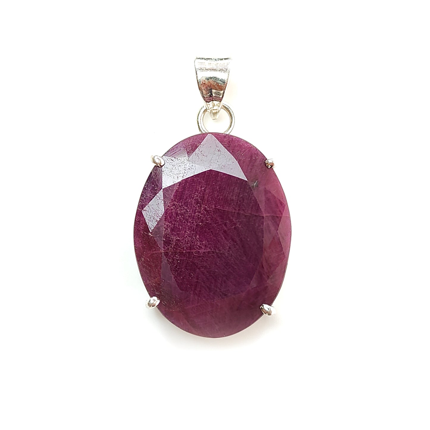 Red Ruby Silver Faceted Cut Pendant: 9.11gms Natural Untreated Ruby Oval Shape Faceted 925 Sterling Silver Prong Set Pendant 1.5"