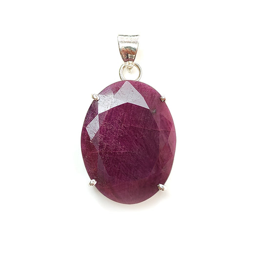 Red Ruby Silver Faceted Cut Pendant: 9.11gms Natural Untreated Ruby Oval Shape Faceted 925 Sterling Silver Prong Set Pendant 1.5"
