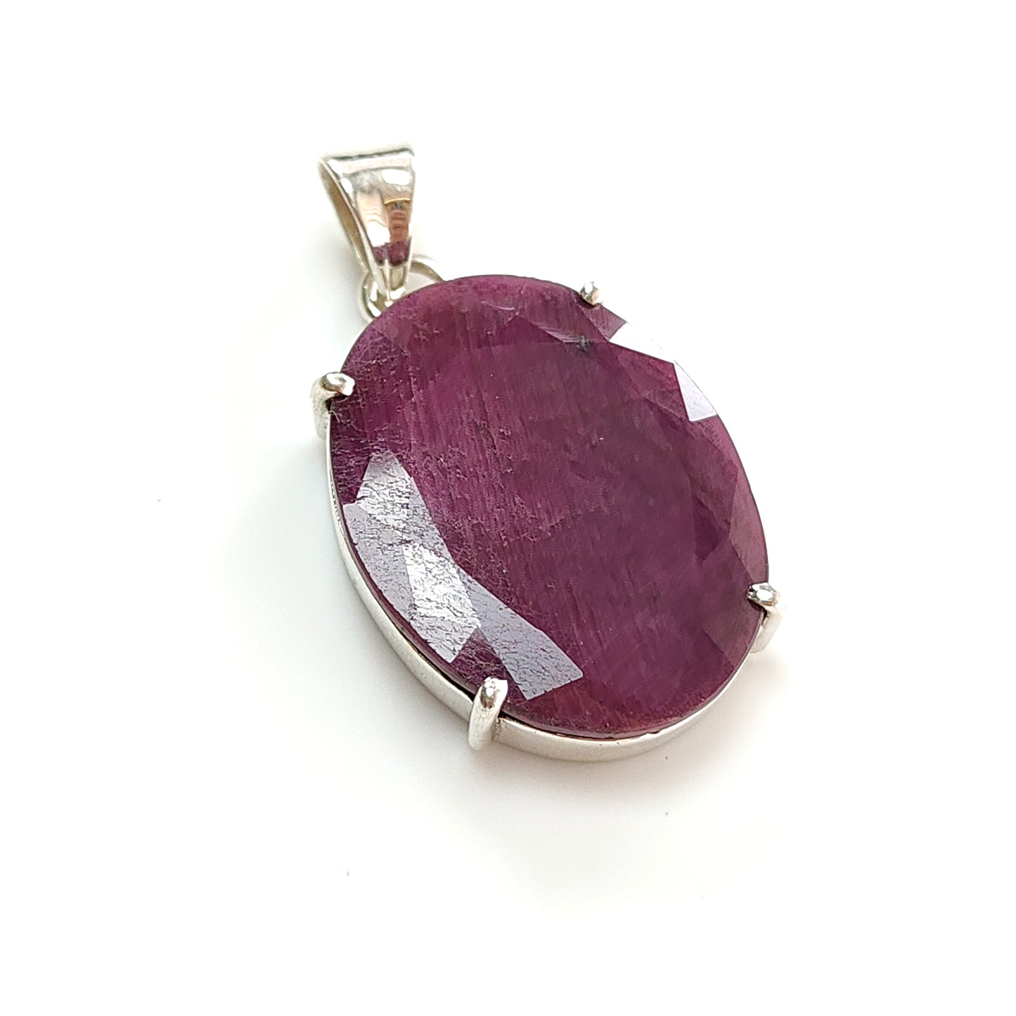 Red Ruby Silver Faceted Cut Pendant: 9.11gms Natural Untreated Ruby Oval Shape Faceted 925 Sterling Silver Prong Set Pendant 1.5"