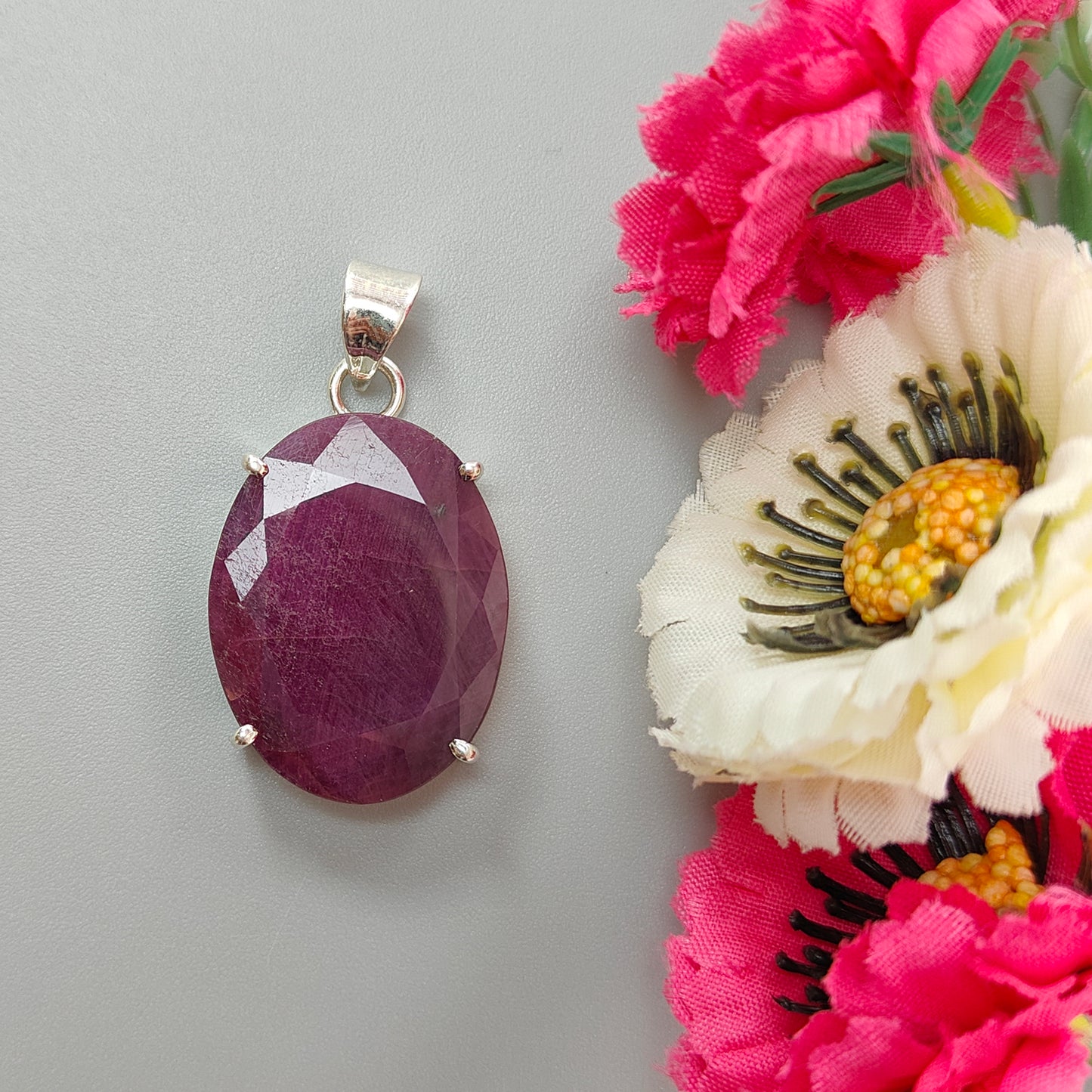 Red Ruby Silver Faceted Cut Pendant: 9.11gms Natural Untreated Ruby Oval Shape Faceted 925 Sterling Silver Prong Set Pendant 1.5"