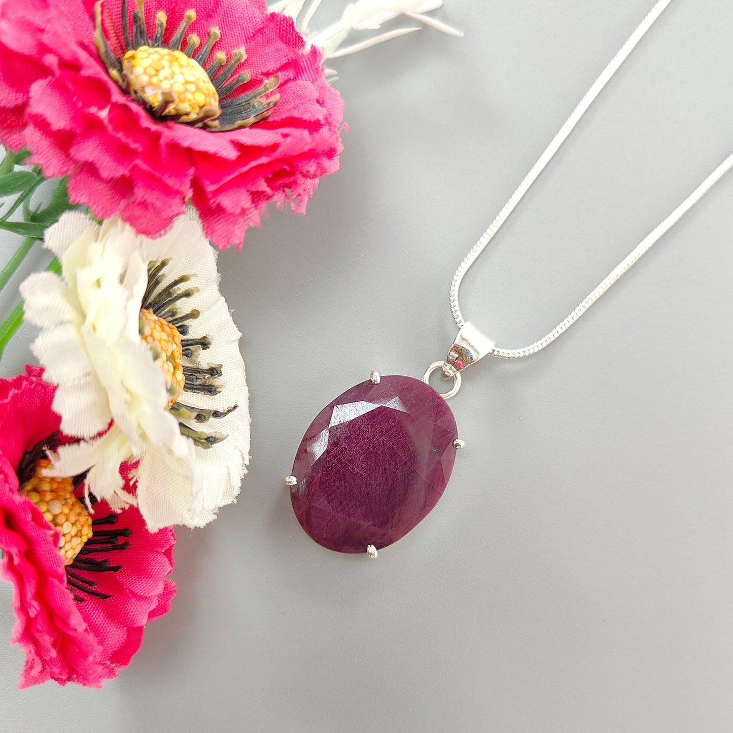 Red Ruby Silver Faceted Cut Pendant: 9.11gms Natural Untreated Ruby Oval Shape Faceted 925 Sterling Silver Prong Set Pendant 1.5"