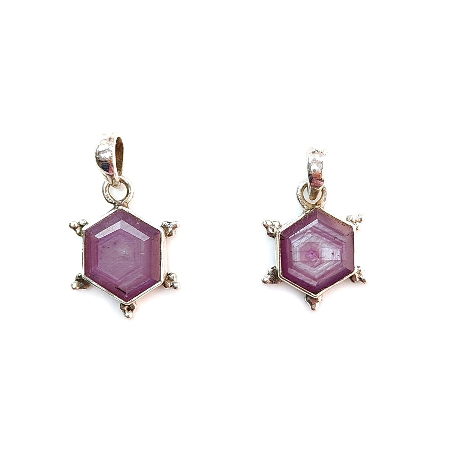 Raspberry Purple Ruby Faceted Silver Pendant: Natural Untreated Sheen Ruby Hexagon Normal Cut 925 Sterling Silver Bezel Set Pendant
