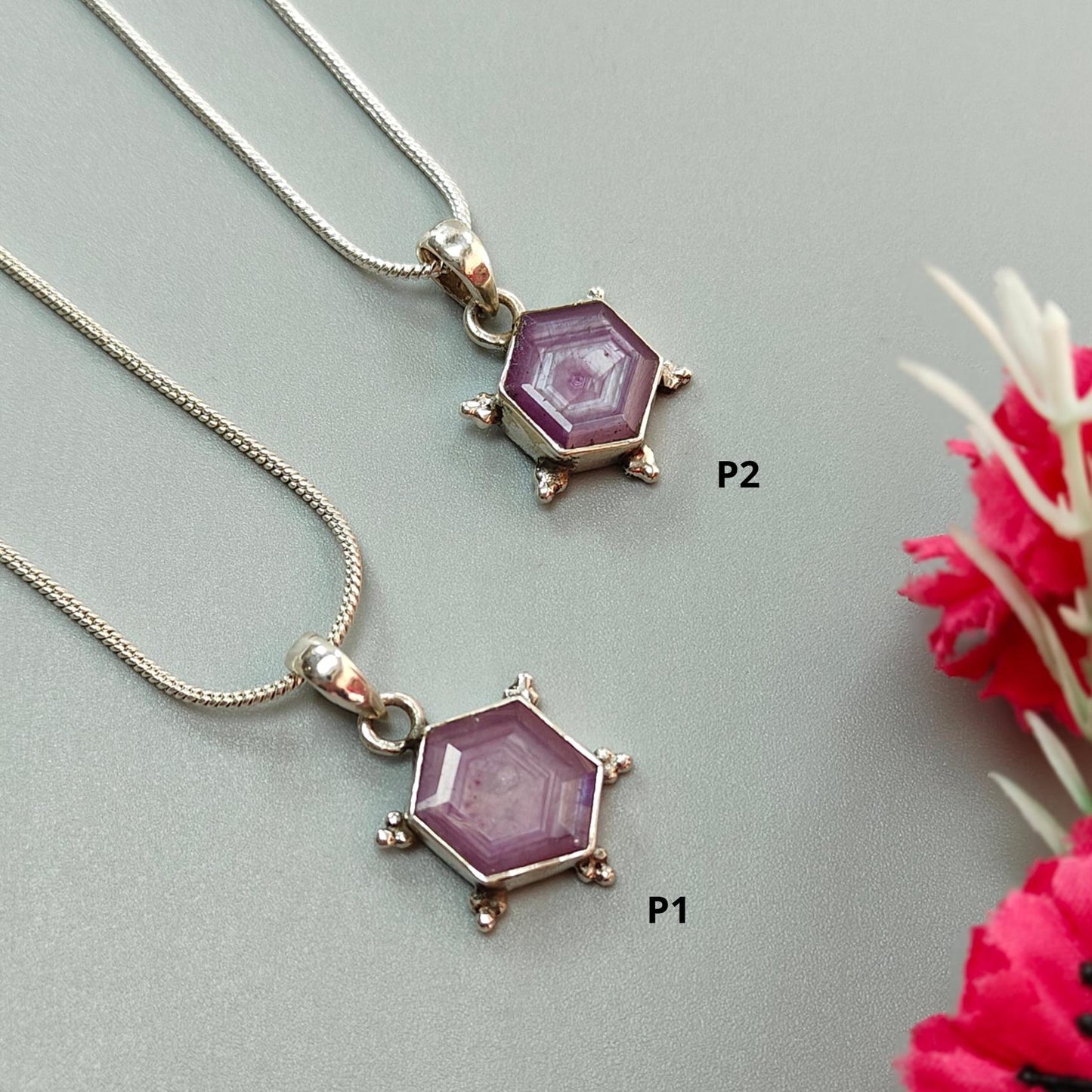 Raspberry Purple Ruby Faceted Silver Pendant: Natural Untreated Sheen Ruby Hexagon Normal Cut 925 Sterling Silver Bezel Set Pendant