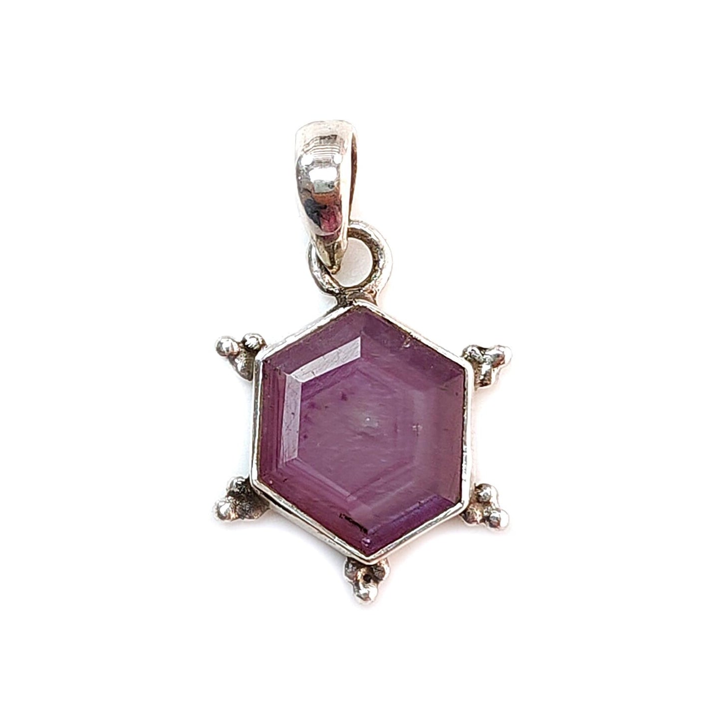 Raspberry Purple Ruby Faceted Silver Pendant: Natural Untreated Sheen Ruby Hexagon Normal Cut 925 Sterling Silver Bezel Set Pendant