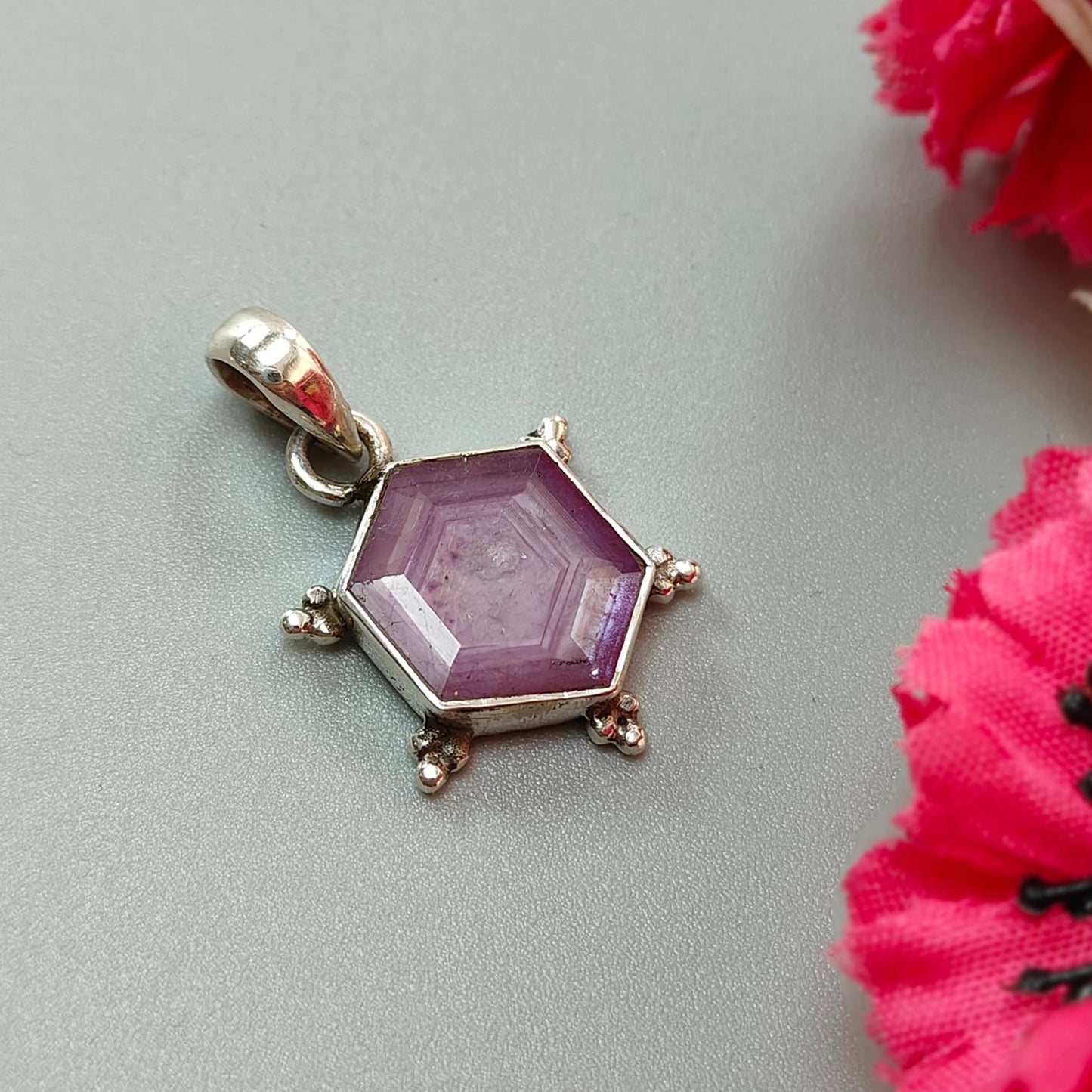 Raspberry Purple Ruby Faceted Silver Pendant: Natural Untreated Sheen Ruby Hexagon Normal Cut 925 Sterling Silver Bezel Set Pendant