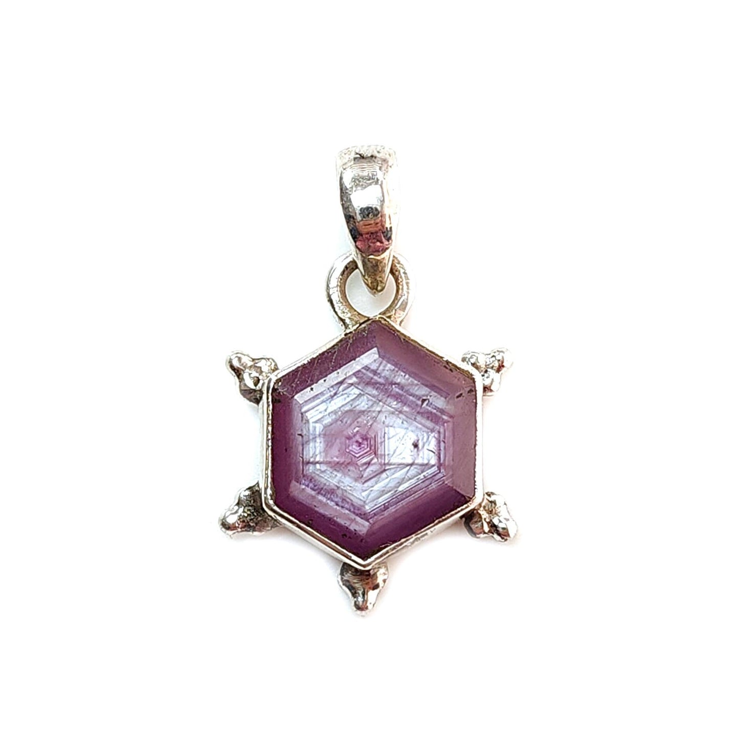 Raspberry Purple Ruby Faceted Silver Pendant: Natural Untreated Sheen Ruby Hexagon Normal Cut 925 Sterling Silver Bezel Set Pendant