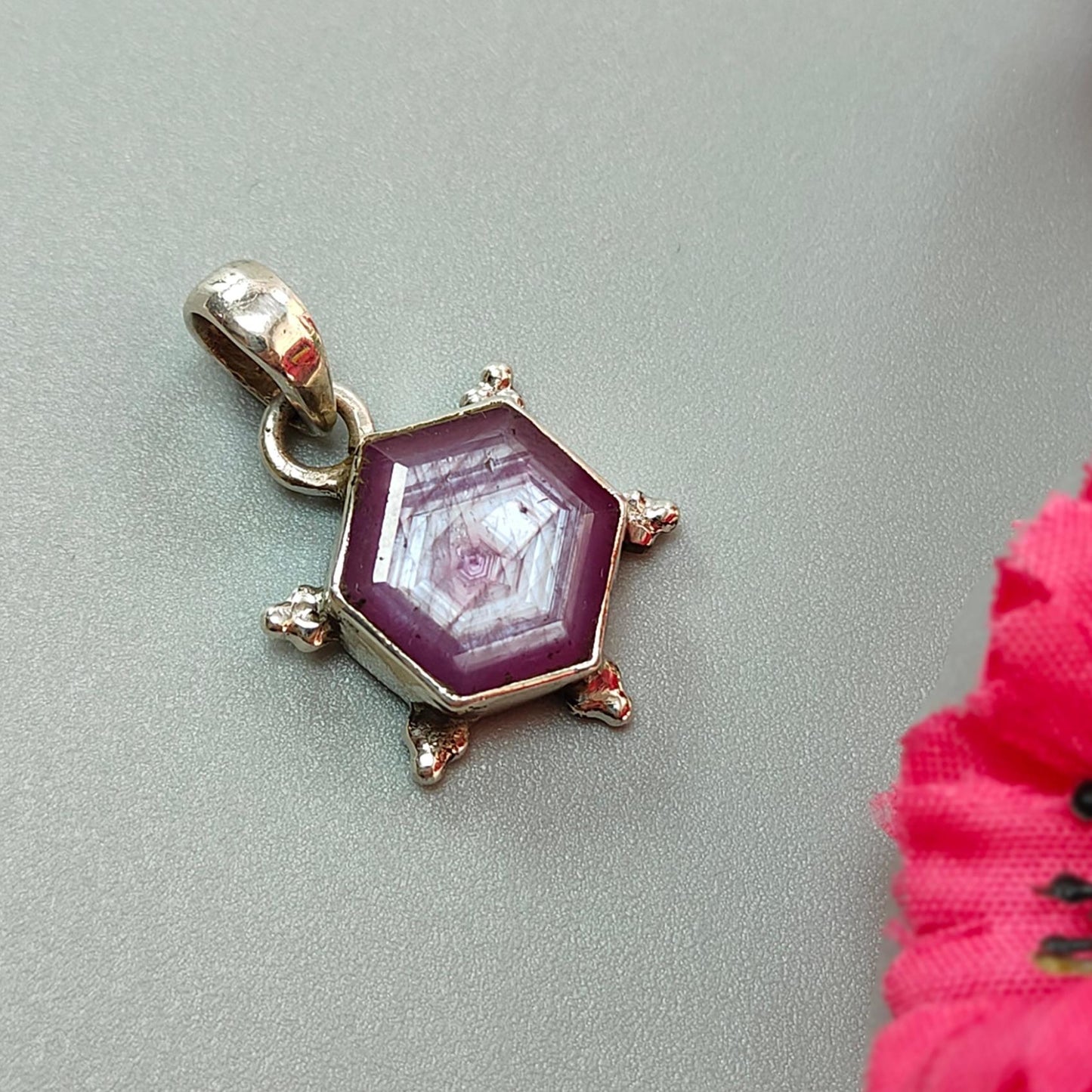 Raspberry Purple Ruby Faceted Silver Pendant: Natural Untreated Sheen Ruby Hexagon Normal Cut 925 Sterling Silver Bezel Set Pendant