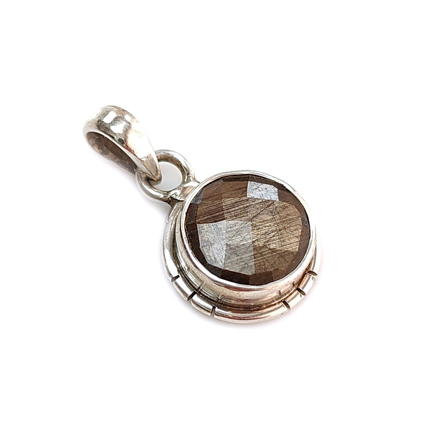 Golden, Silver Sapphire Faceted Silver Pendant: Natural Untreated Sapphire Round Checker Cut 925 Sterling Silver Bezel Set Pendant