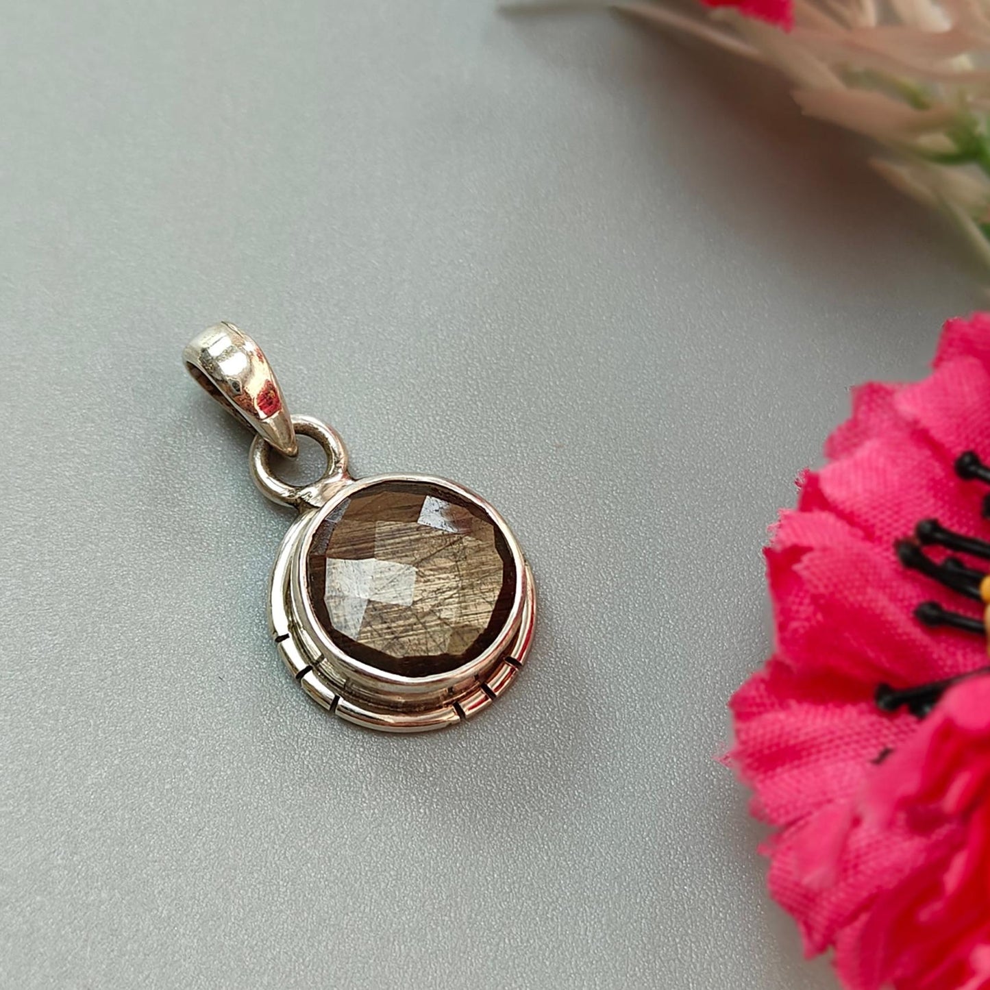 Golden, Silver Sapphire Faceted Silver Pendant: Natural Untreated Sapphire Round Checker Cut 925 Sterling Silver Bezel Set Pendant