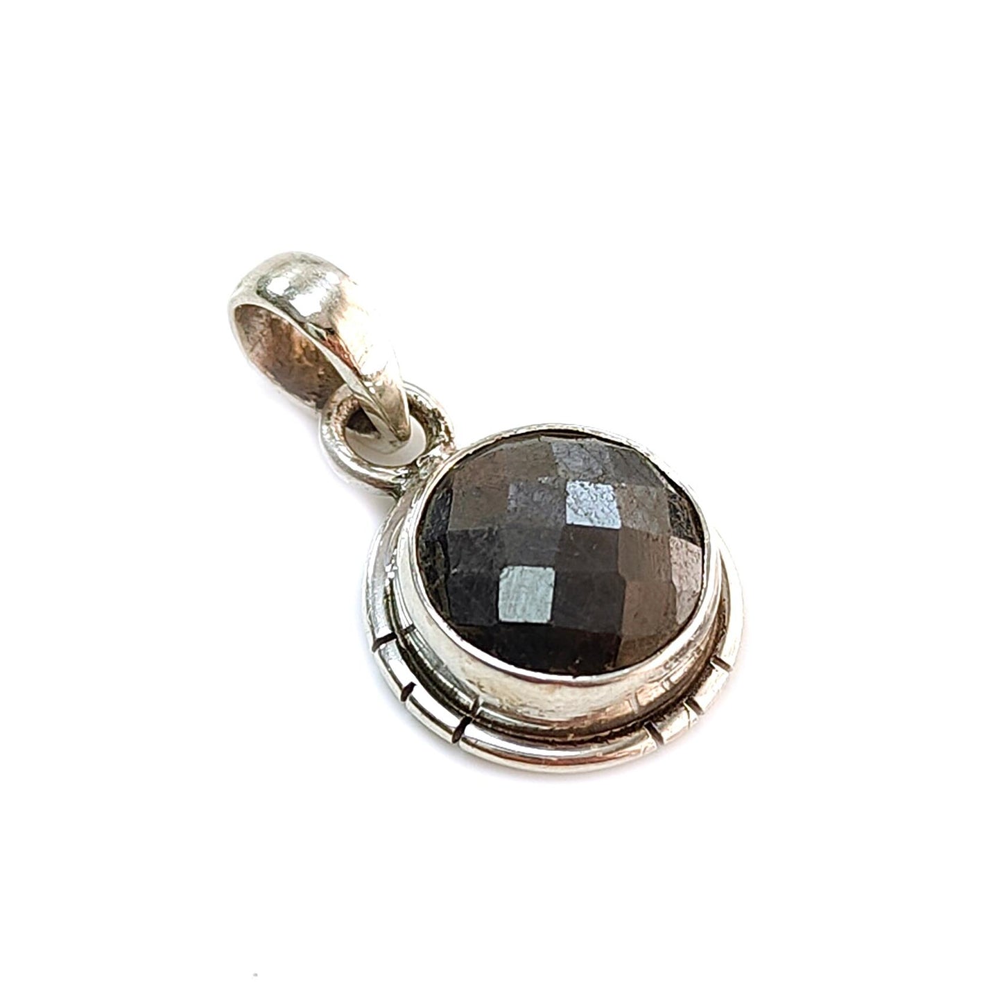 Golden, Silver Sapphire Faceted Silver Pendant: Natural Untreated Sapphire Round Checker Cut 925 Sterling Silver Bezel Set Pendant