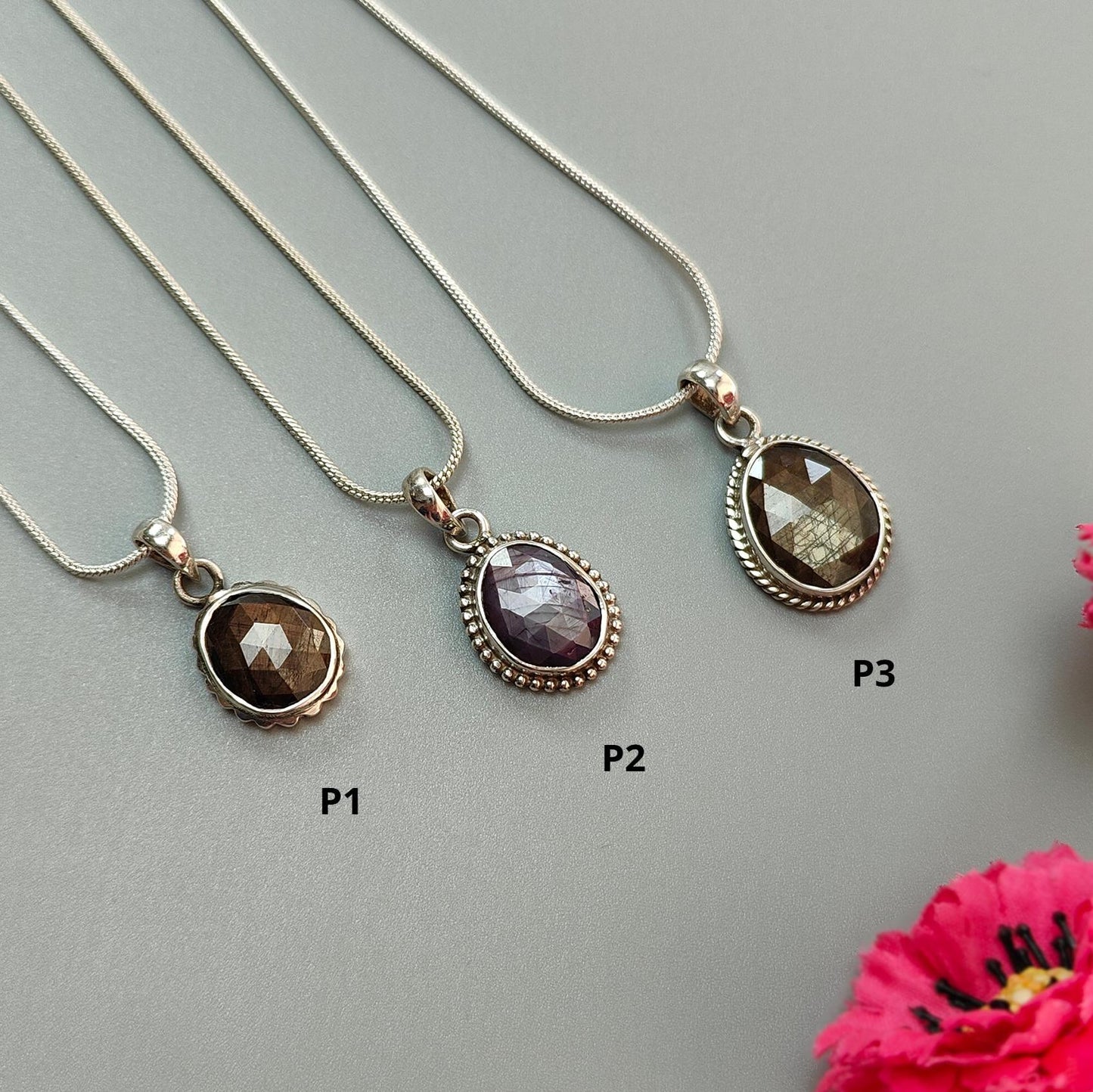 Golden, Pink Sapphire Faceted Silver Pendant: Natural Untreated Sheen Sapphire Fancy Rose Cut 925 Sterling Silver Bezel Set Pendant