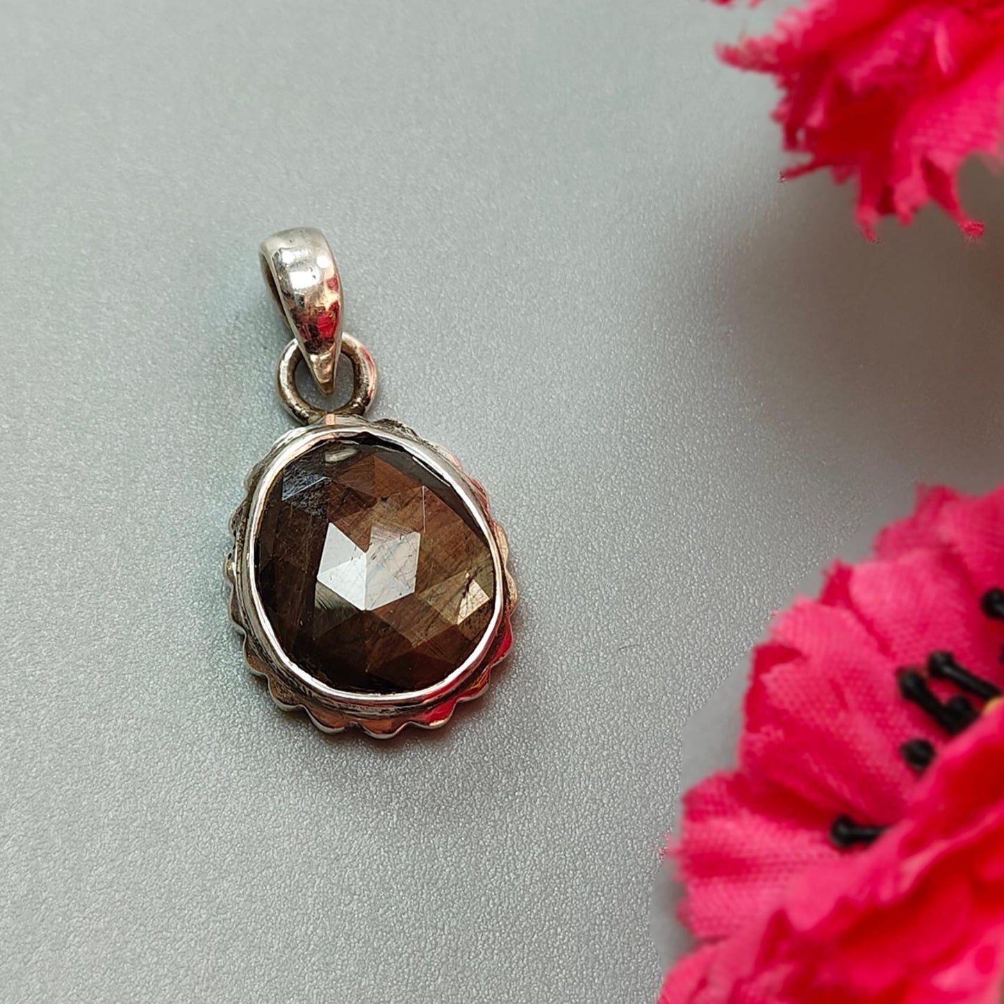 Golden, Pink Sapphire Faceted Silver Pendant: Natural Untreated Sheen Sapphire Fancy Rose Cut 925 Sterling Silver Bezel Set Pendant