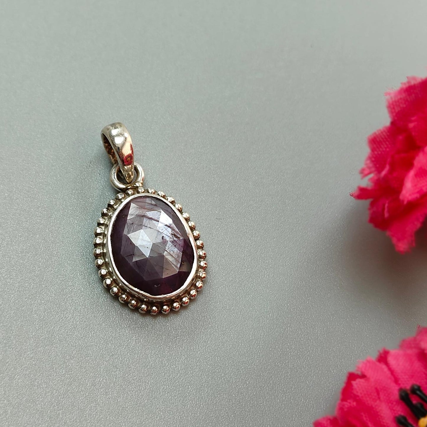Golden, Pink Sapphire Faceted Silver Pendant: Natural Untreated Sheen Sapphire Fancy Rose Cut 925 Sterling Silver Bezel Set Pendant