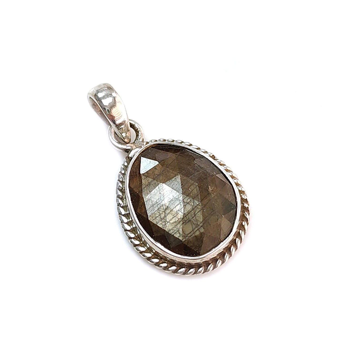 Golden, Pink Sapphire Faceted Silver Pendant: Natural Untreated Sheen Sapphire Fancy Rose Cut 925 Sterling Silver Bezel Set Pendant