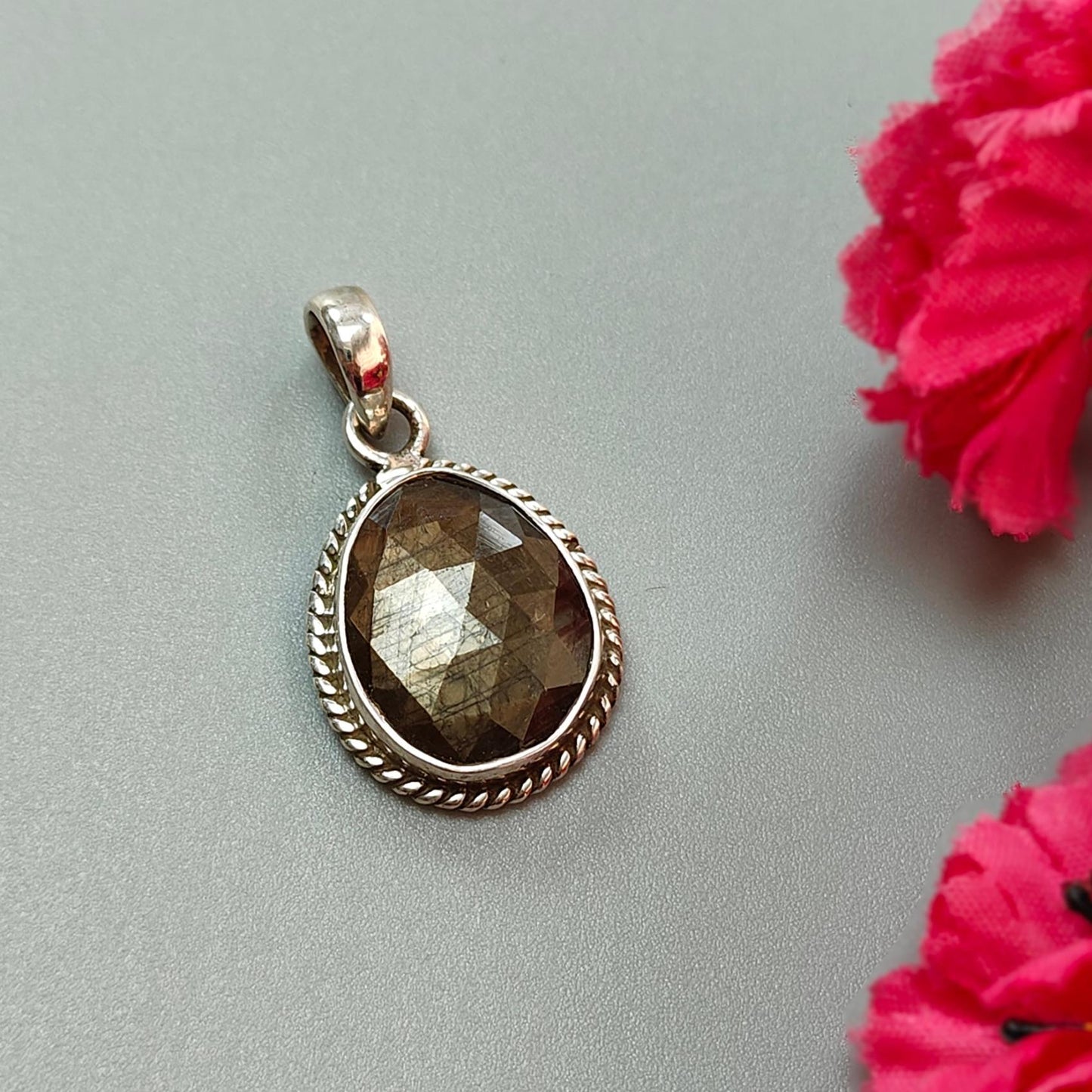 Golden, Pink Sapphire Faceted Silver Pendant: Natural Untreated Sheen Sapphire Fancy Rose Cut 925 Sterling Silver Bezel Set Pendant