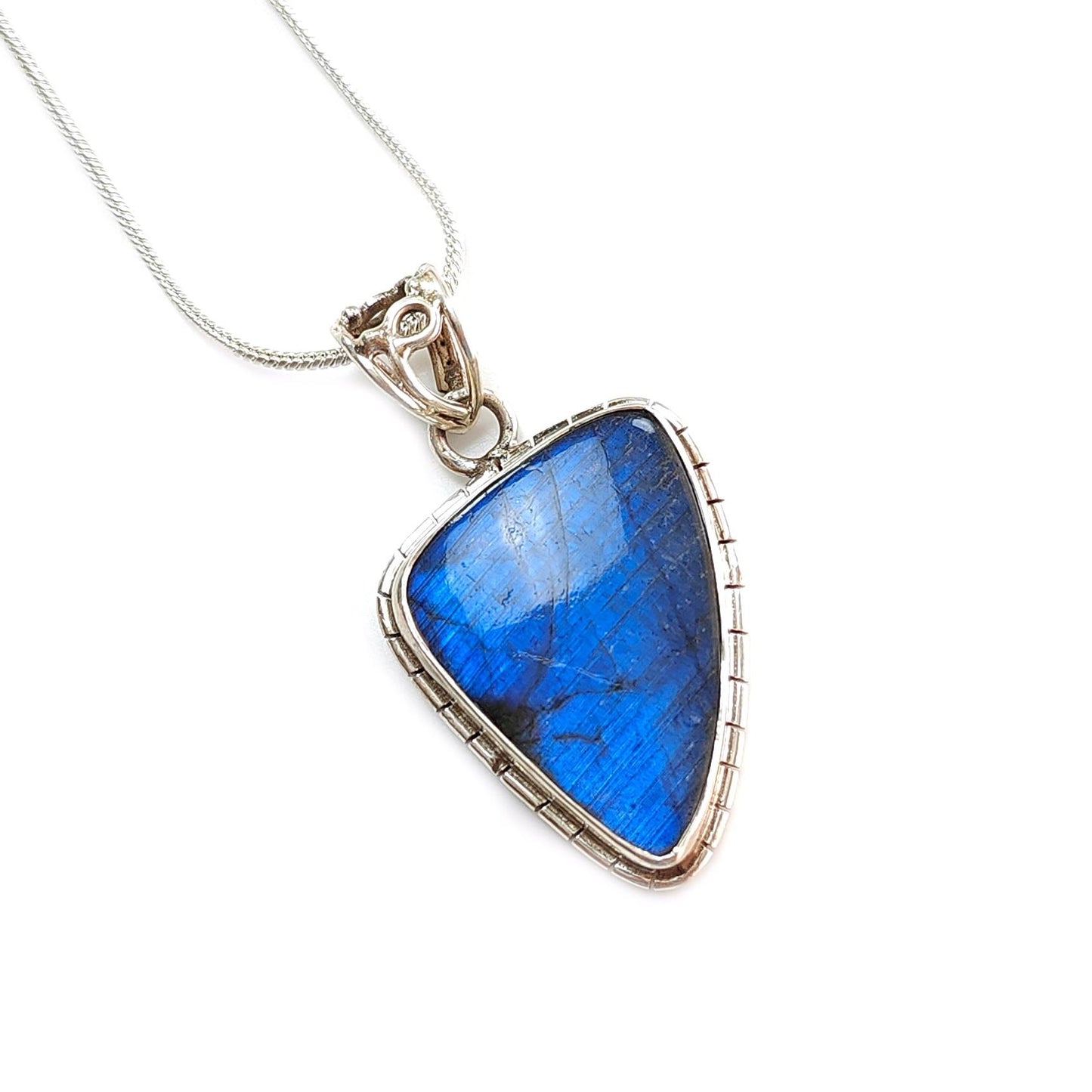 Blue Labradorite Plain Silver Pendant: 10.51gms Natural Untreated Labradorite Fancy Shape 925 Sterling Silver Bezel Set Pendant 1.75"
