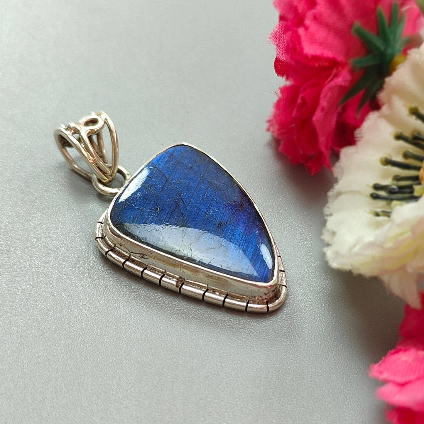 Blue Labradorite Plain Silver Pendant: 10.51gms Natural Untreated Labradorite Fancy Shape 925 Sterling Silver Bezel Set Pendant 1.75"
