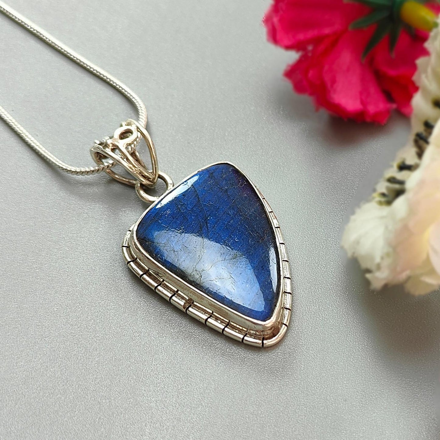 Blue Labradorite Plain Silver Pendant: 10.51gms Natural Untreated Labradorite Fancy Shape 925 Sterling Silver Bezel Set Pendant 1.75"
