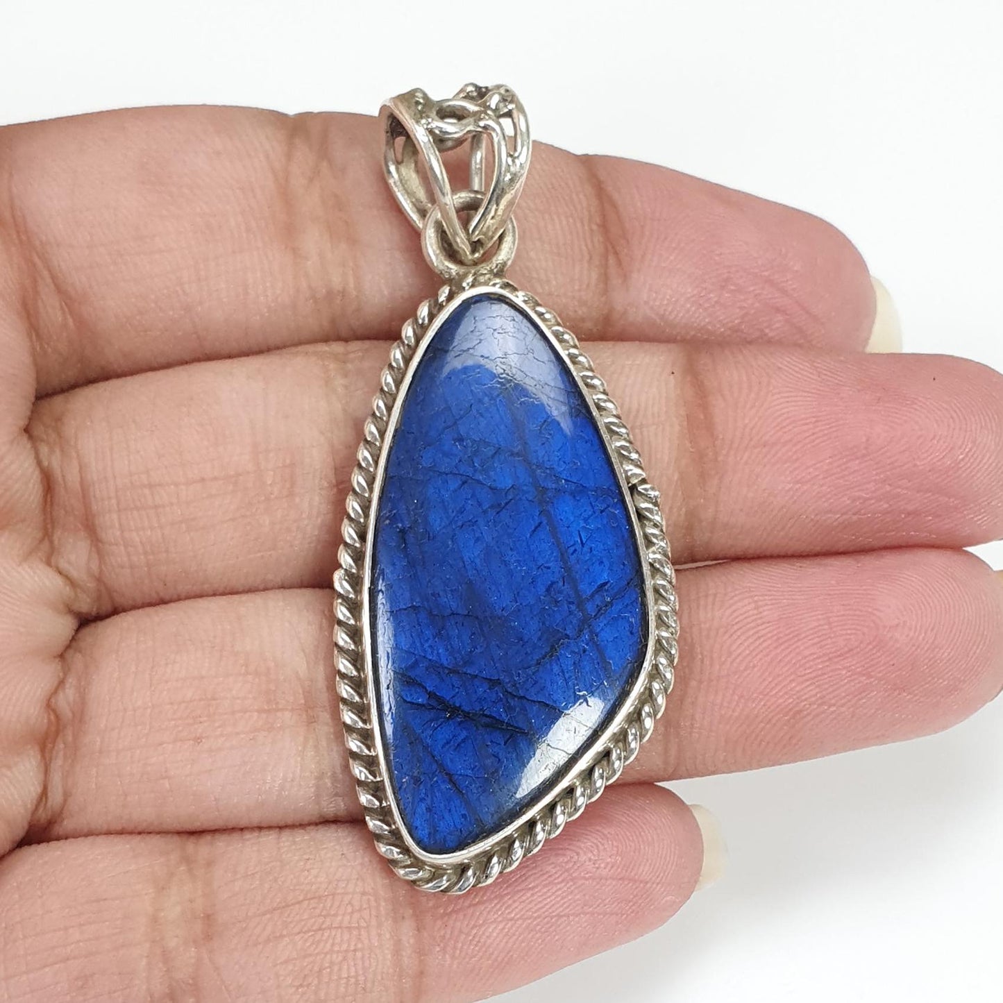 Blue Labradorite Plain Silver Pendant: 12.34gms Natural Untreated Labradorite Fancy Shape 925 Sterling Silver Bezel Set Pendant 2"