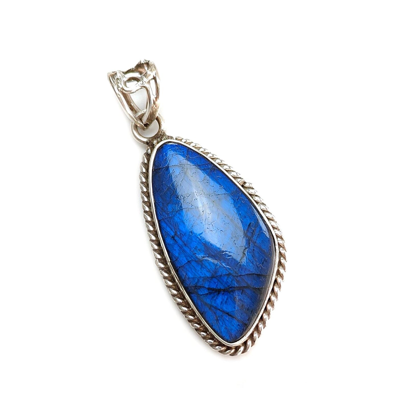 Blue Labradorite Plain Silver Pendant: 12.34gms Natural Untreated Labradorite Fancy Shape 925 Sterling Silver Bezel Set Pendant 2"