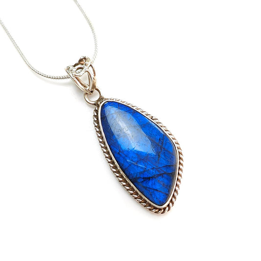 Blue Labradorite Plain Silver Pendant: 12.34gms Natural Untreated Labradorite Fancy Shape 925 Sterling Silver Bezel Set Pendant 2"