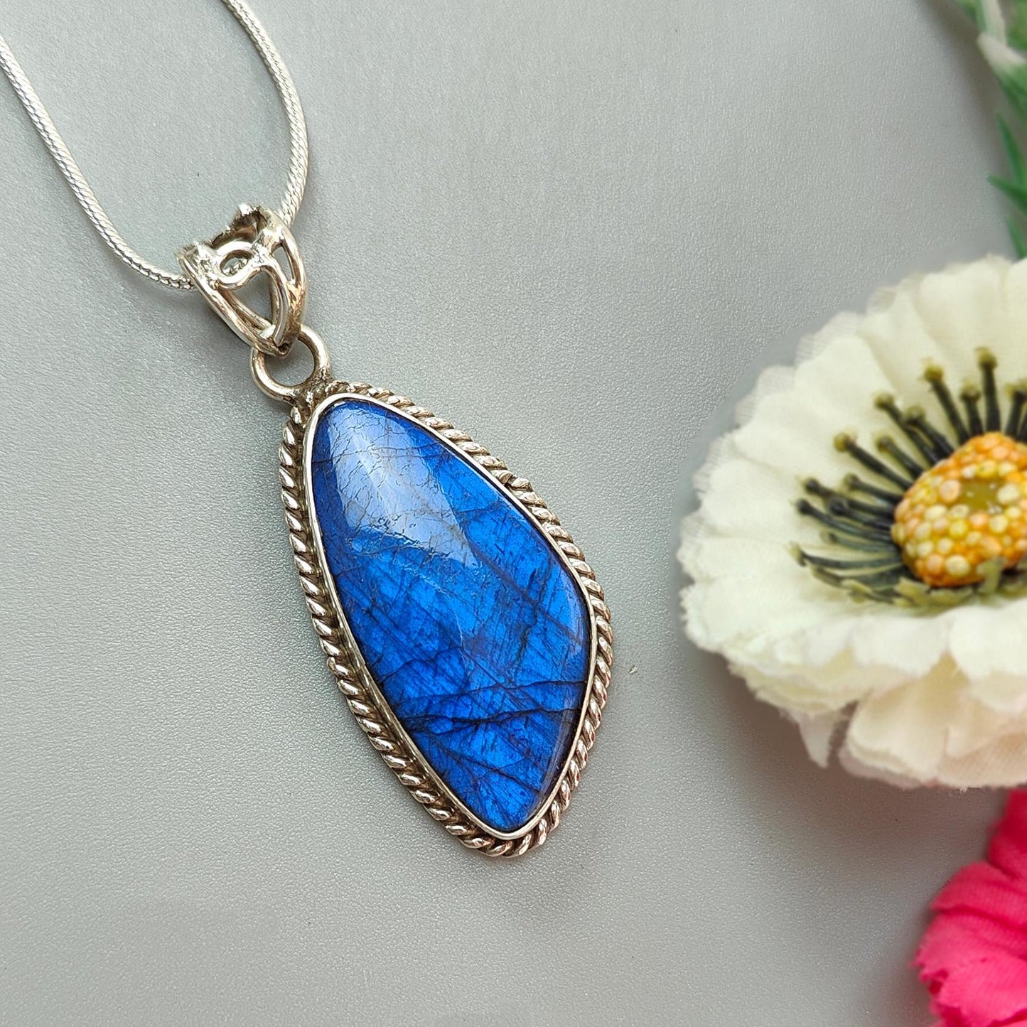 Blue Labradorite Plain Silver Pendant: 12.34gms Natural Untreated Labradorite Fancy Shape 925 Sterling Silver Bezel Set Pendant 2"