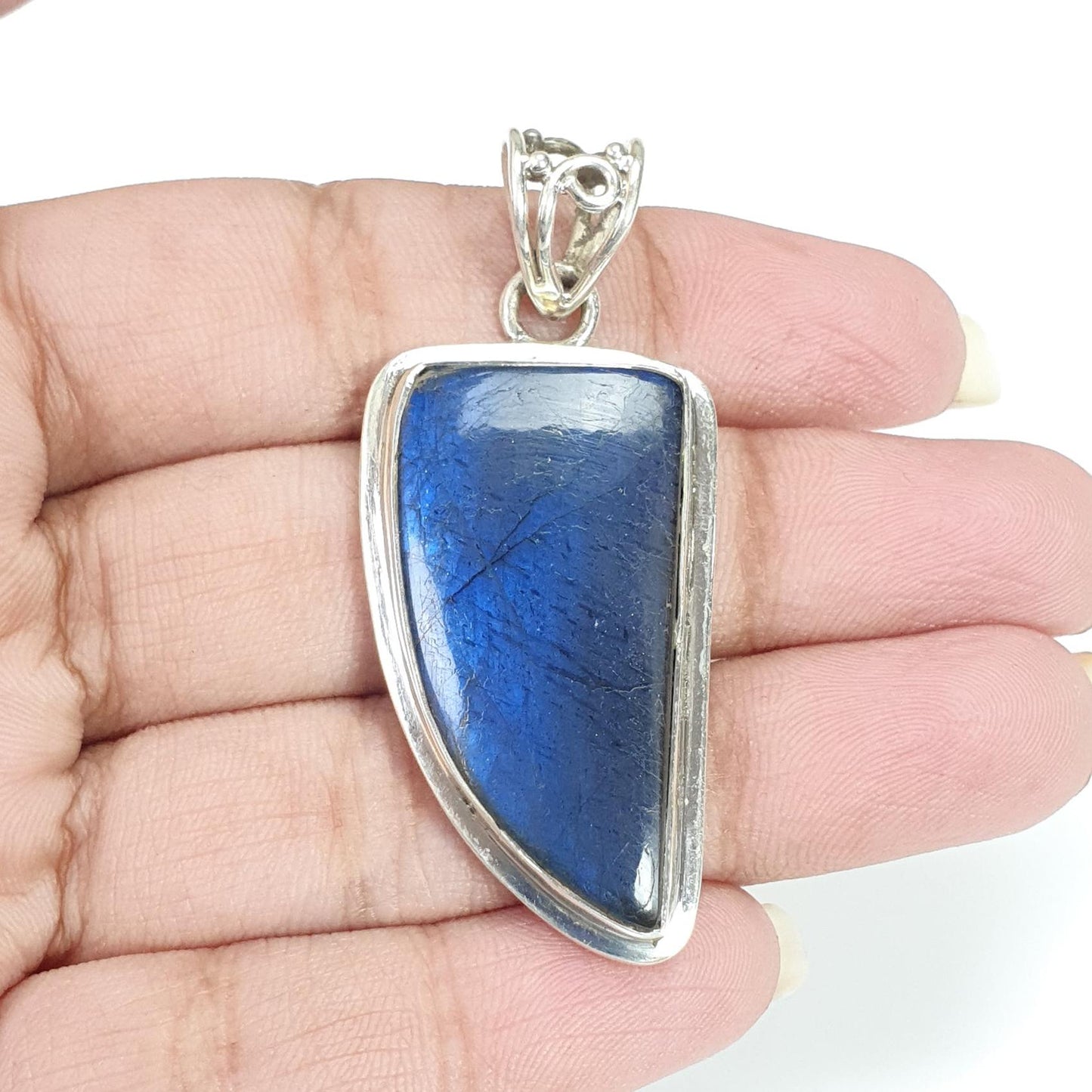 Blue Labradorite Plain Silver Pendant: 12.91gms Natural Untreated Labradorite Fancy Shape 925 Sterling Silver Bezel Set Pendant 2"