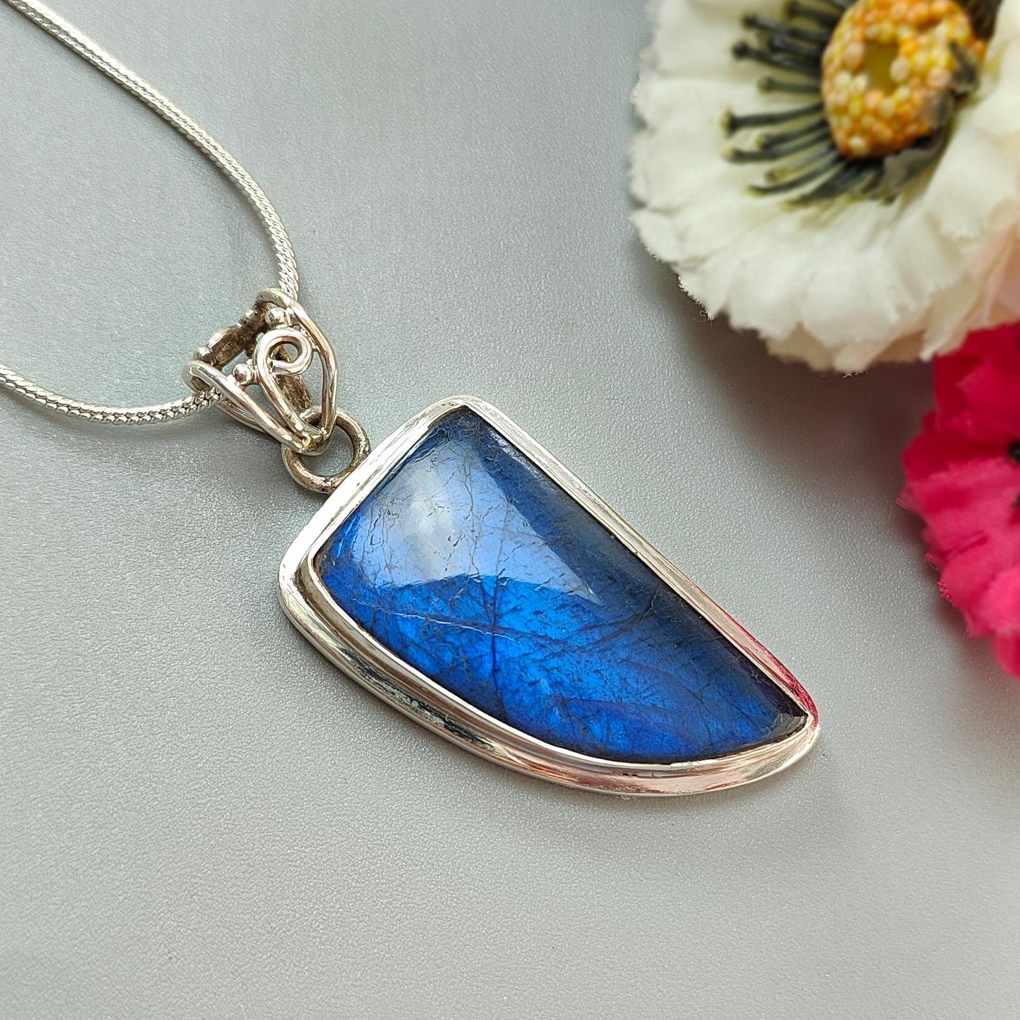 Blue Labradorite Plain Silver Pendant: 12.91gms Natural Untreated Labradorite Fancy Shape 925 Sterling Silver Bezel Set Pendant 2"