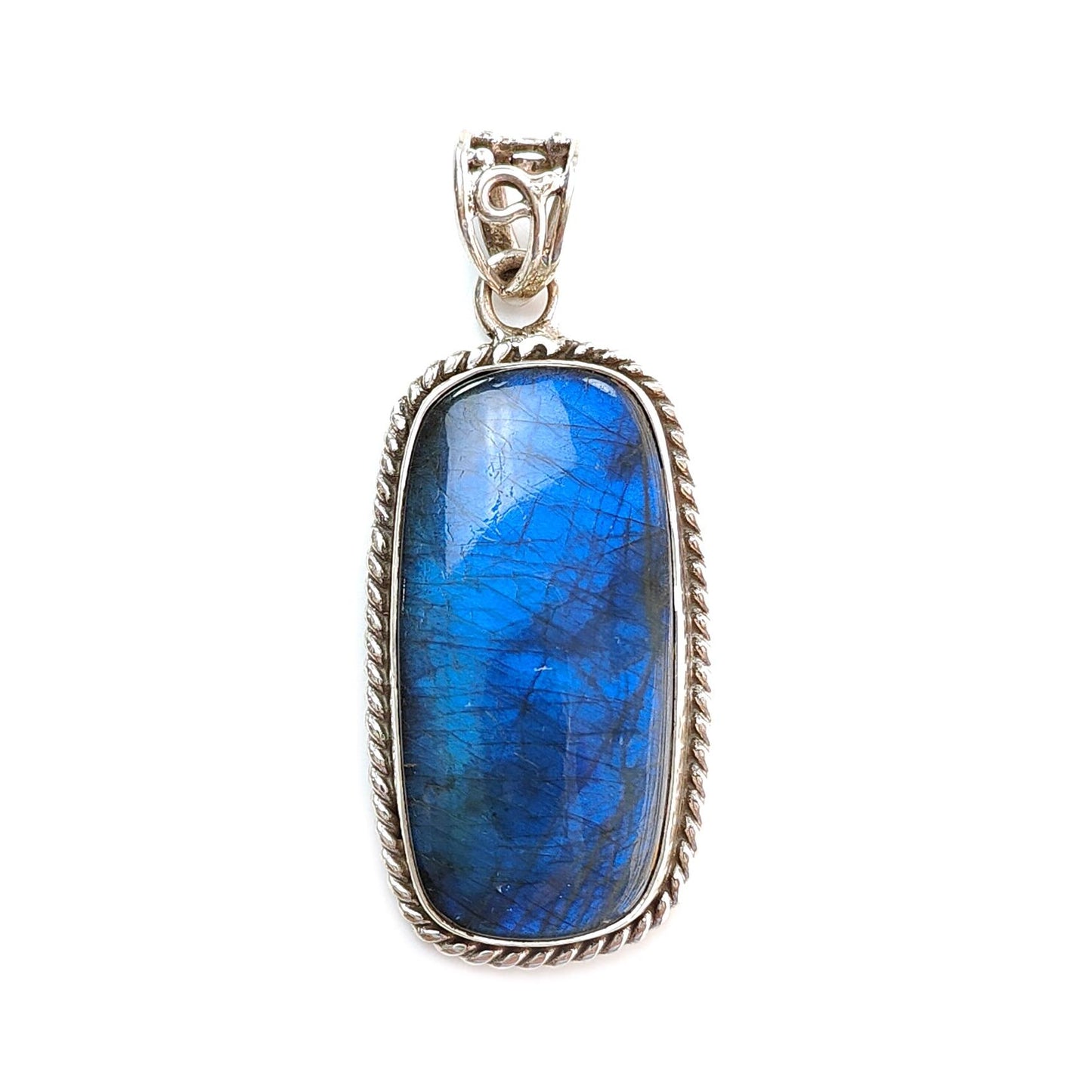 Blue Labradorite Plain Silver Pendant: 15.03gms Natural Untreated Labradorite Baguette Shape 925 Sterling Silver Bezel Set Pendant 2.10"