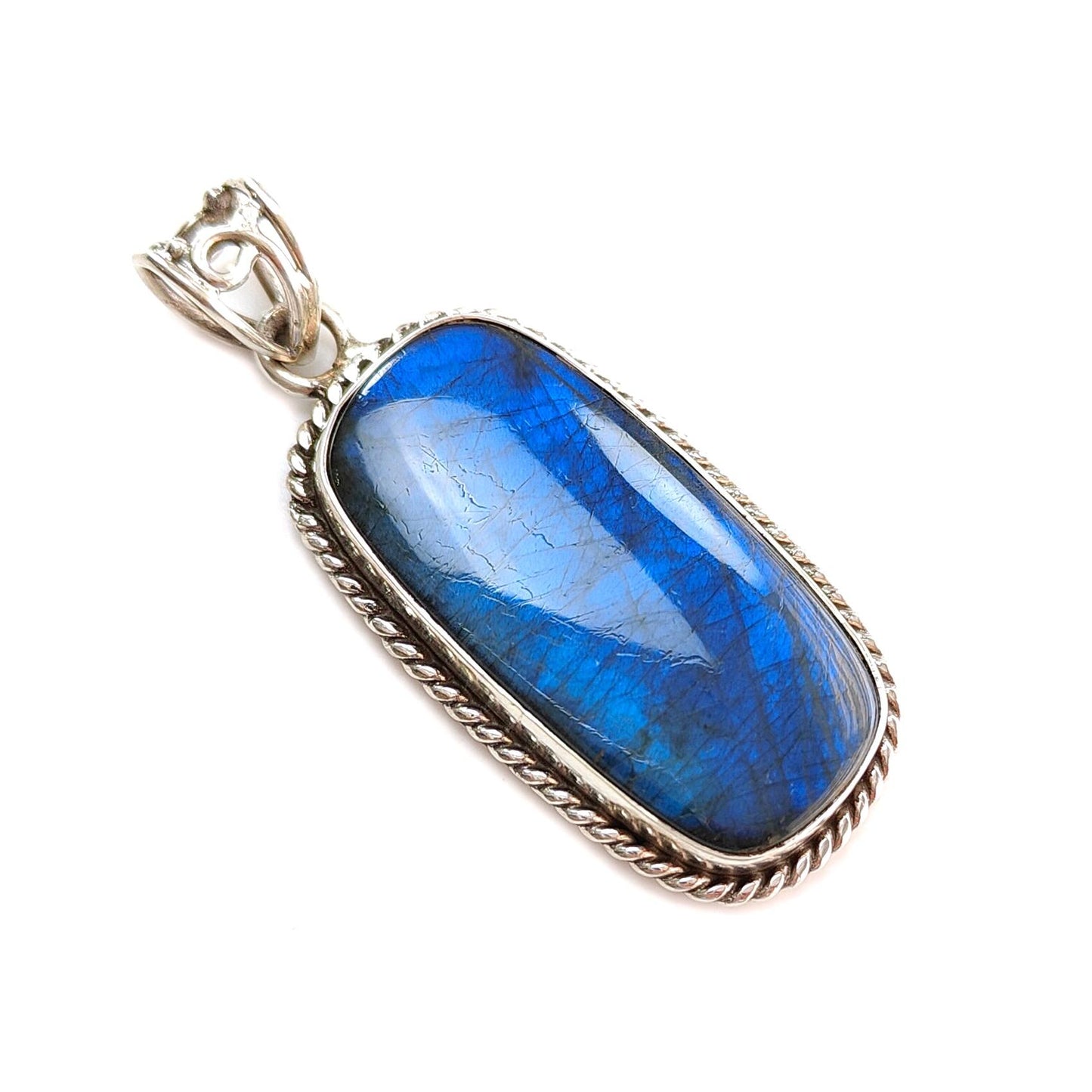 Blue Labradorite Plain Silver Pendant: 15.03gms Natural Untreated Labradorite Baguette Shape 925 Sterling Silver Bezel Set Pendant 2.10"