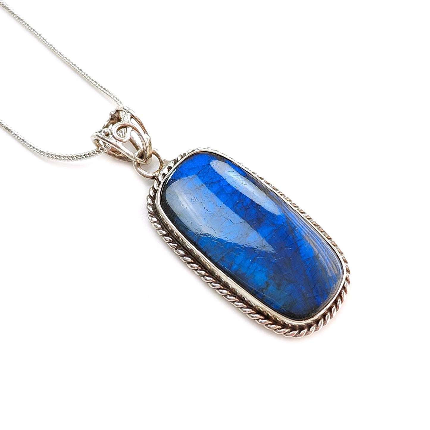 Blue Labradorite Plain Silver Pendant: 15.03gms Natural Untreated Labradorite Baguette Shape 925 Sterling Silver Bezel Set Pendant 2.10"