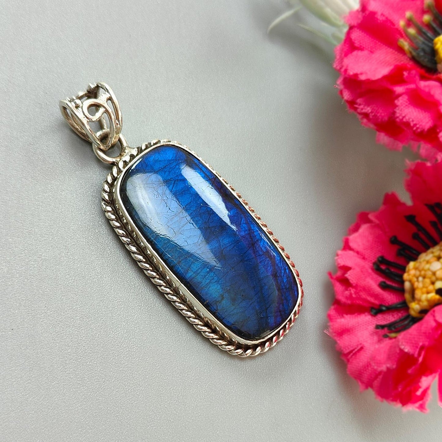 Blue Labradorite Plain Silver Pendant: 15.03gms Natural Untreated Labradorite Baguette Shape 925 Sterling Silver Bezel Set Pendant 2.10"