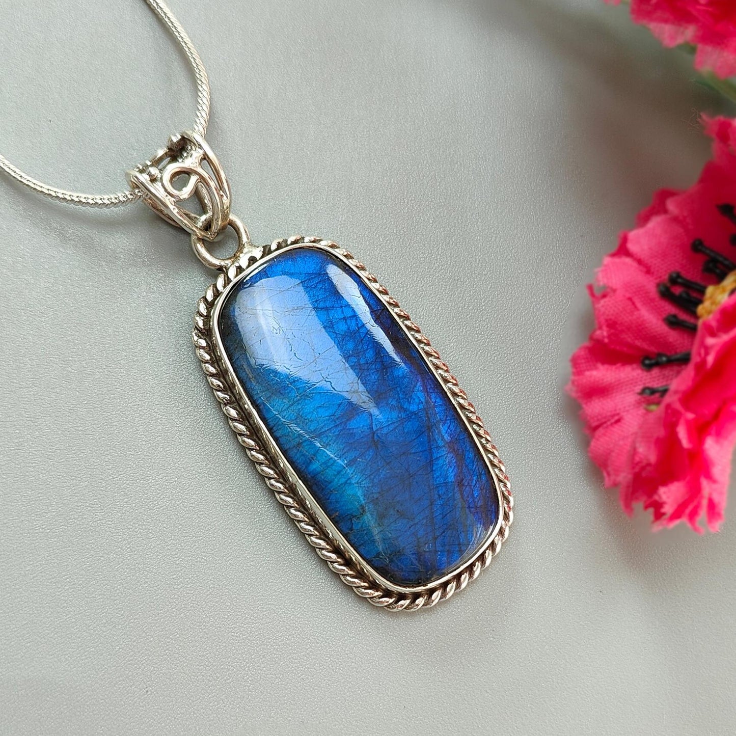 Blue Labradorite Plain Silver Pendant: 15.03gms Natural Untreated Labradorite Baguette Shape 925 Sterling Silver Bezel Set Pendant 2.10"