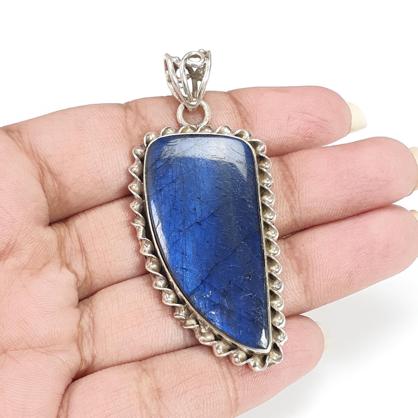 Blue Labradorite Plain Silver Pendant: 16.26gms Natural Untreated Labradorite Fancy Shape 925 Sterling Silver Bezel Set Pendant 2.30"