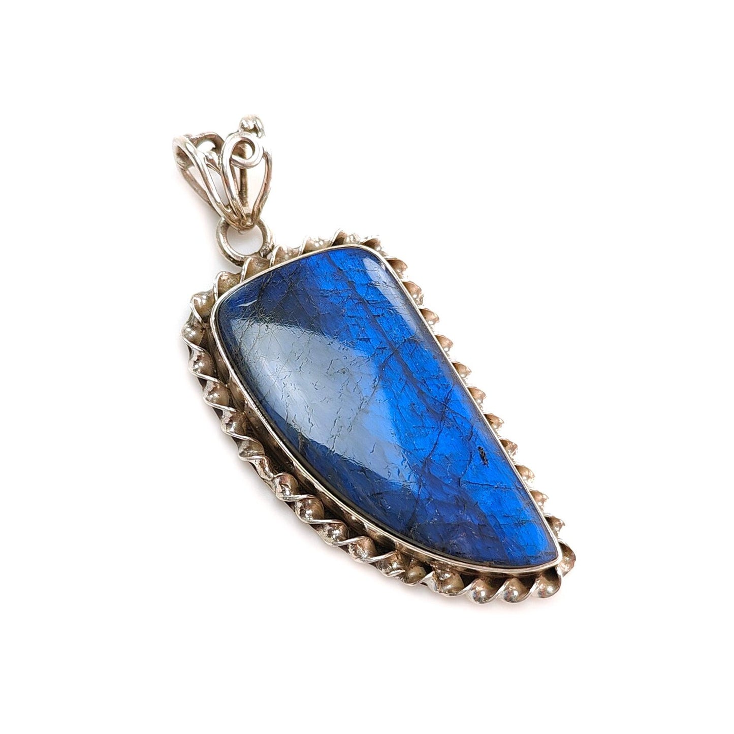 Blue Labradorite Plain Silver Pendant: 16.26gms Natural Untreated Labradorite Fancy Shape 925 Sterling Silver Bezel Set Pendant 2.30"