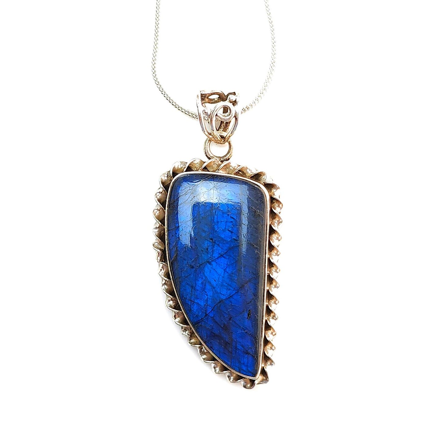 Blue Labradorite Plain Silver Pendant: 16.26gms Natural Untreated Labradorite Fancy Shape 925 Sterling Silver Bezel Set Pendant 2.30"