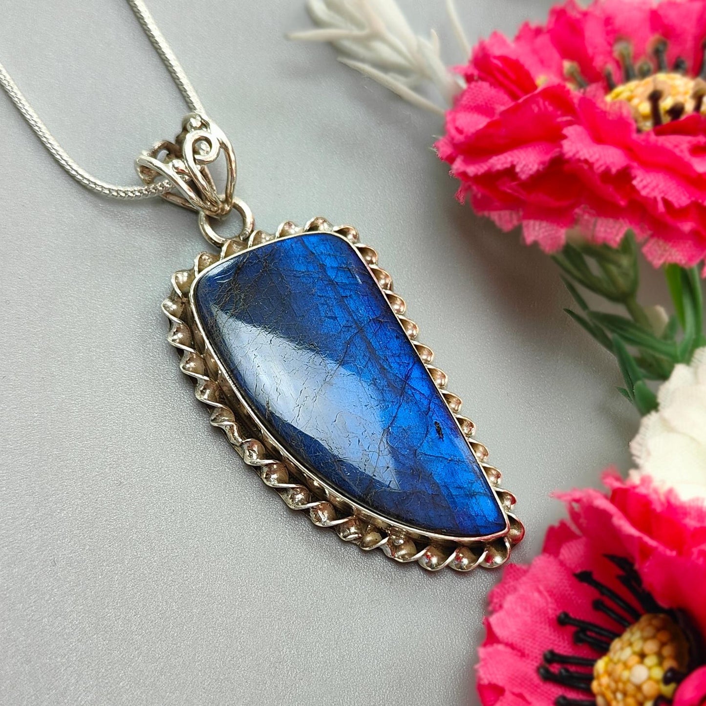 Blue Labradorite Plain Silver Pendant: 16.26gms Natural Untreated Labradorite Fancy Shape 925 Sterling Silver Bezel Set Pendant 2.30"