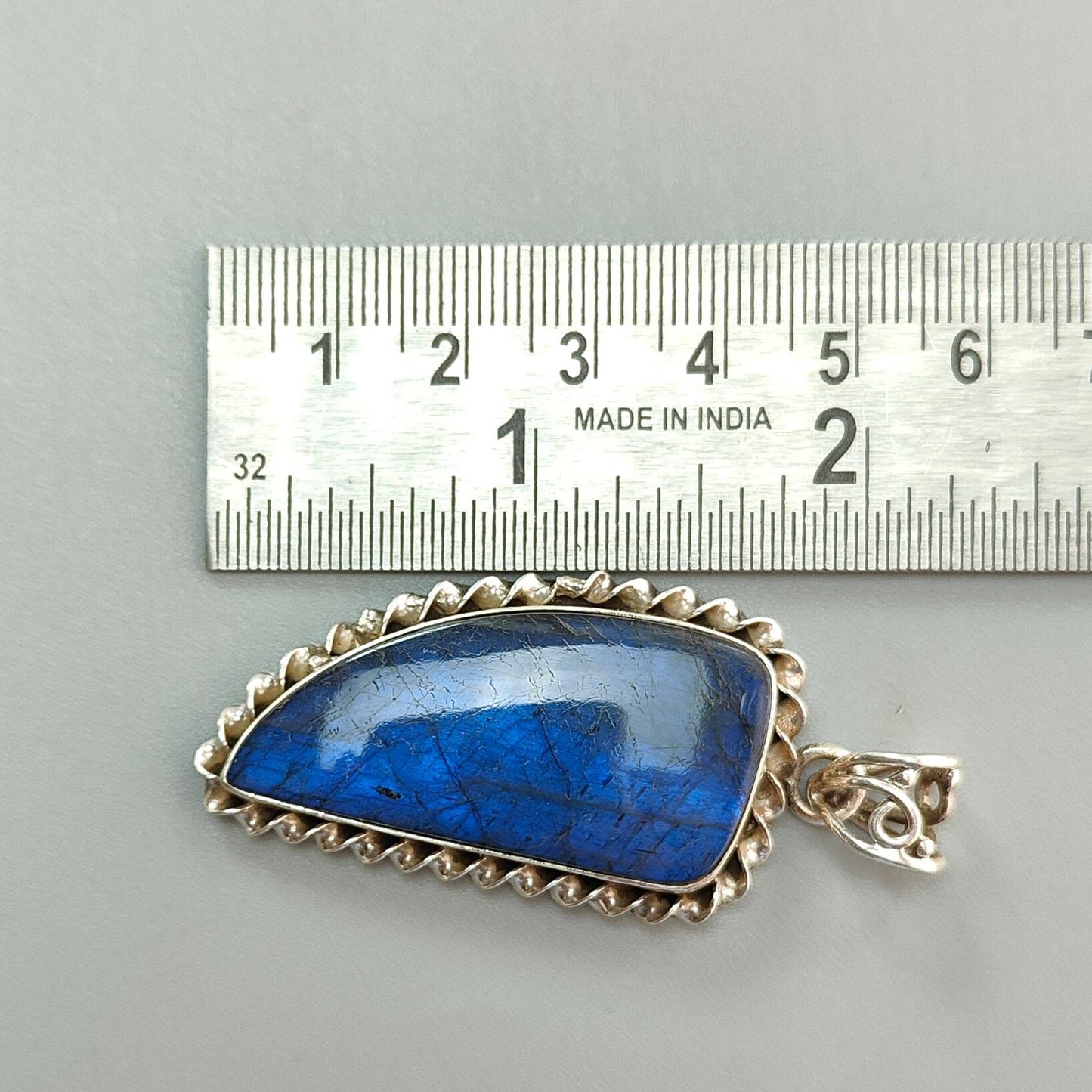 Blue Labradorite Plain Silver Pendant: 16.26gms Natural Untreated Labradorite Fancy Shape 925 Sterling Silver Bezel Set Pendant 2.30"