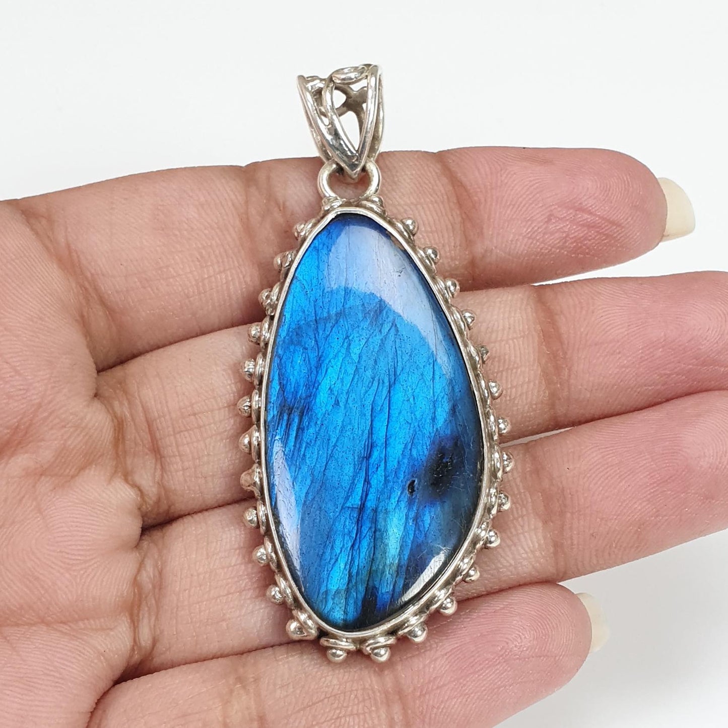 Blue Labradorite Plain Silver Pendant: 16.34gms Natural Untreated Labradorite Fancy Shape 925 Sterling Silver Bezel Set Pendant 2.30"