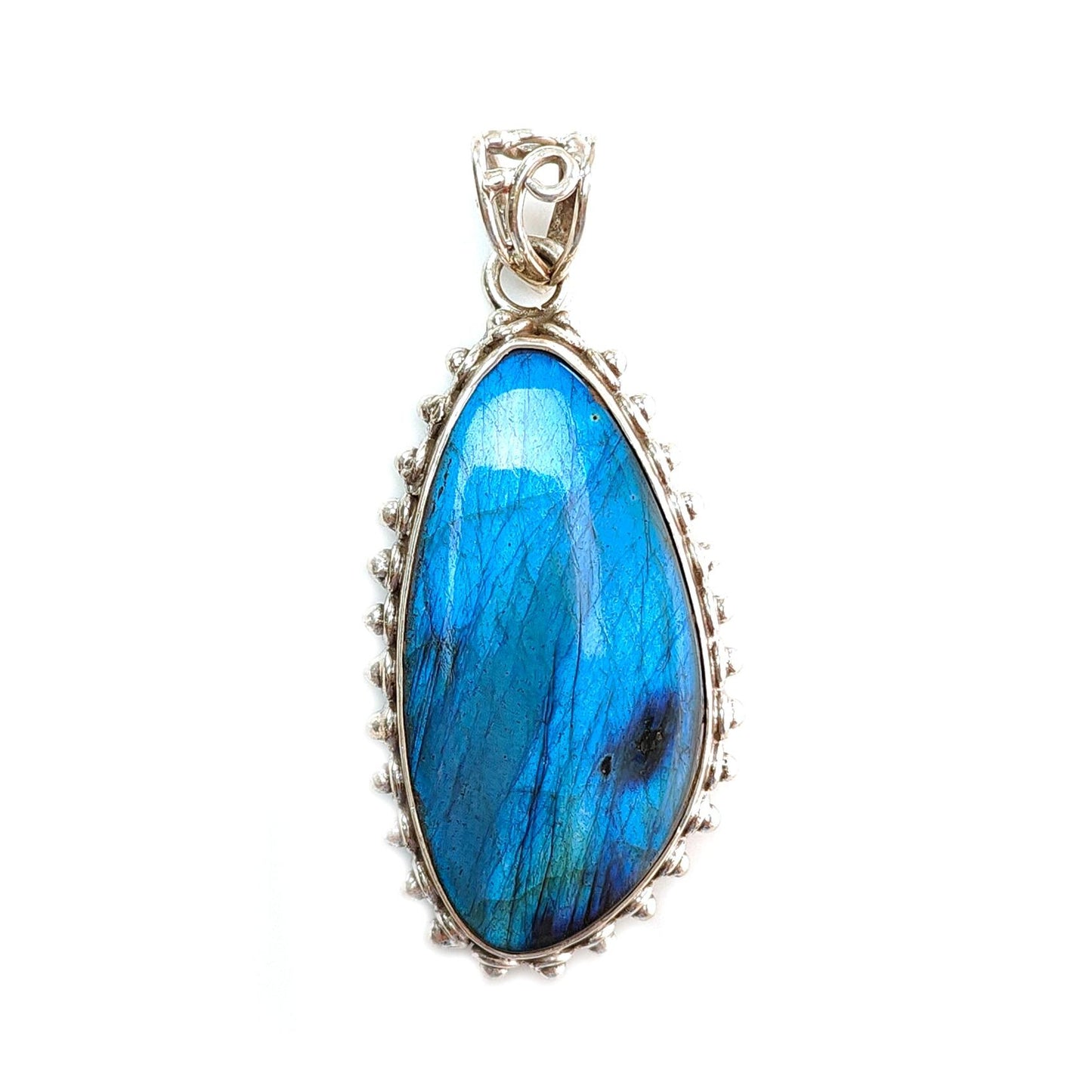 Blue Labradorite Plain Silver Pendant: 16.34gms Natural Untreated Labradorite Fancy Shape 925 Sterling Silver Bezel Set Pendant 2.30"